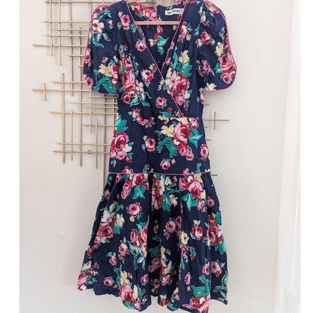 VTG Late 80's Early 90's Floral Drop Waist Midi Dress Navy Pink Piping Sz‎ 10